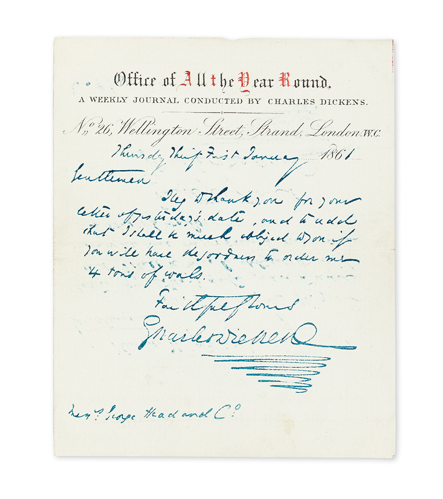 DICKENS, CHARLES. Autograph Letter Signed,